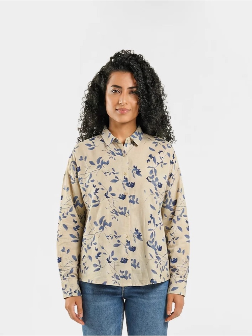 Women's Yellow and Blue Floral Button-Up Shirt